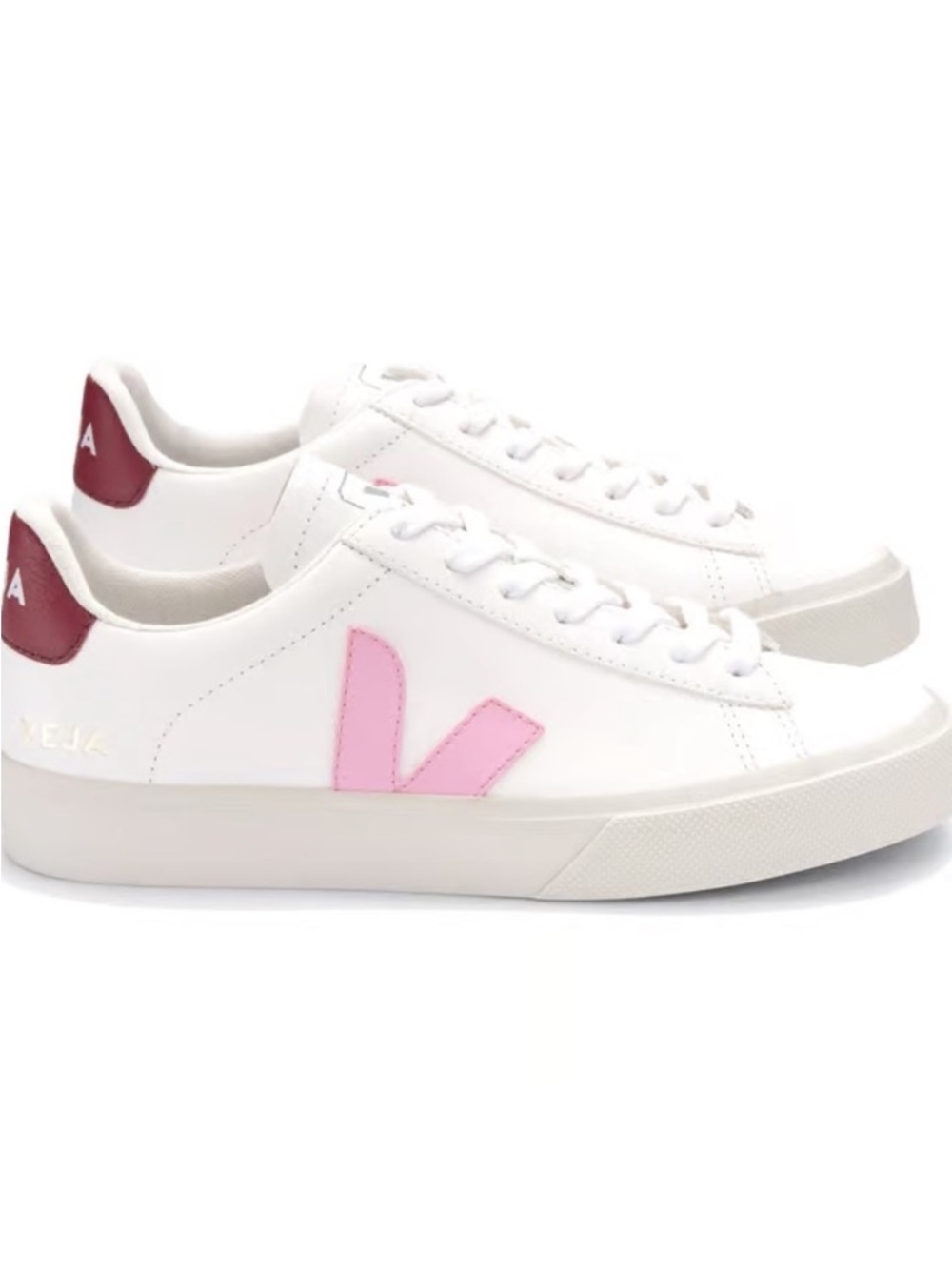 Veja White Sneakers with Pink V and Burgundy Heel Tab